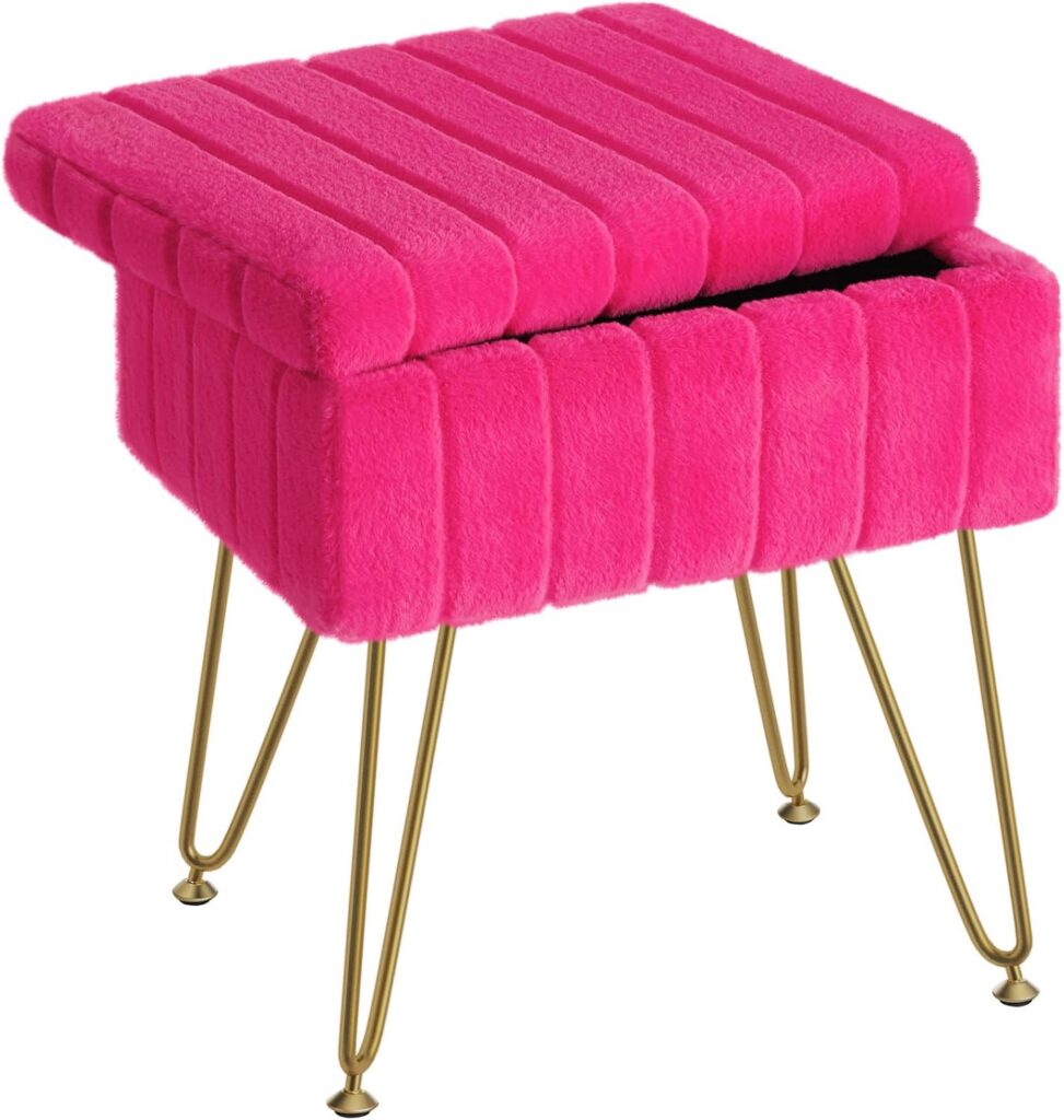 hot pink faux fur vanity stool with storage and gold metal legs for bedroom makeup vanity
