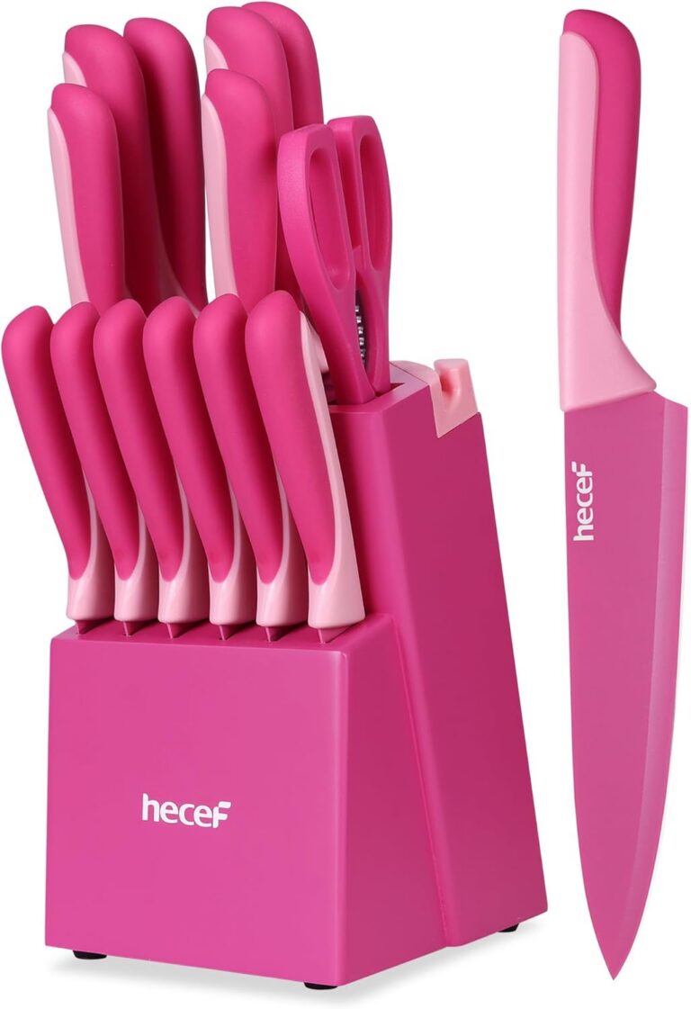 hot pink kitchen knife set with wooden block built in sharpener stainless steel 15 piece set