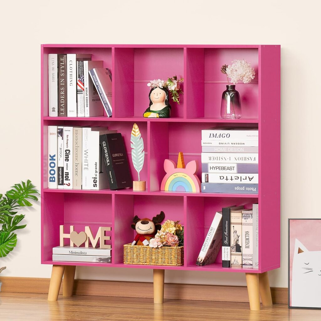 hot pink modern 3 tier cubby bookshelf with 8 storage cubes freestanding