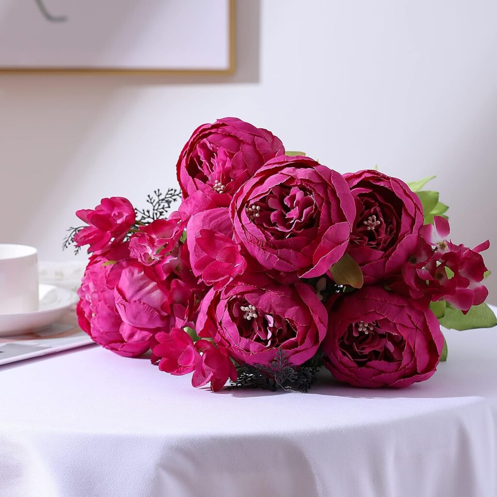 hot pink artificial peony bouquet silk flowers 13 stems decorative arrangement