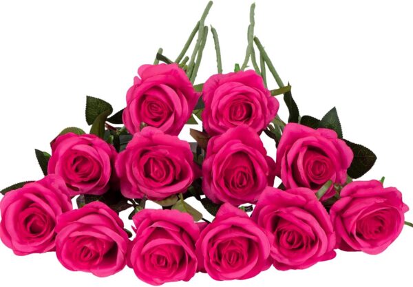 hot pink artificial roses silk flowers long stem decorative bouquet