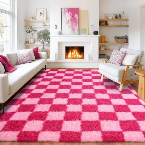 hot pink checkered fluffy area rug 8x10 shag non slip soft carpet
