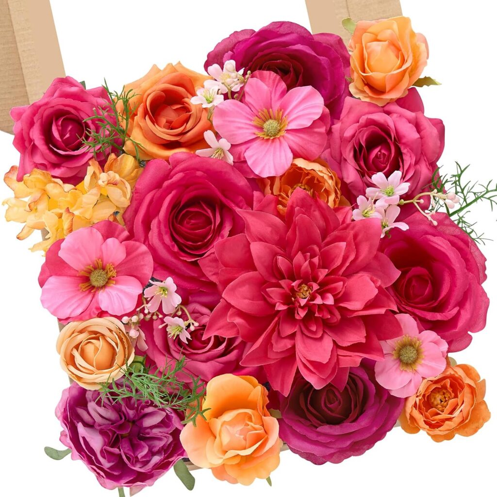 hot pink orange artificial rose bouquet silk flowers decorative arrangement