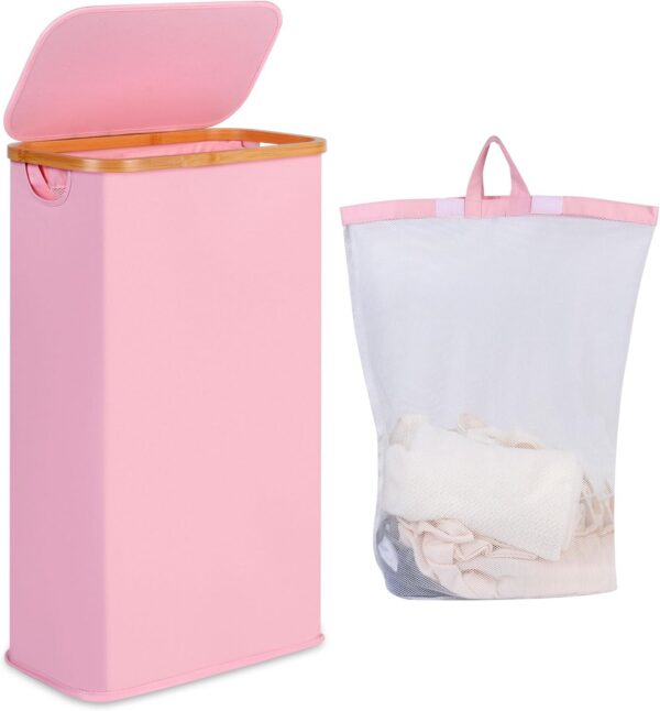 pink slim laundry hamper with lid bamboo handles removable bag for bedroom dorm small spaces