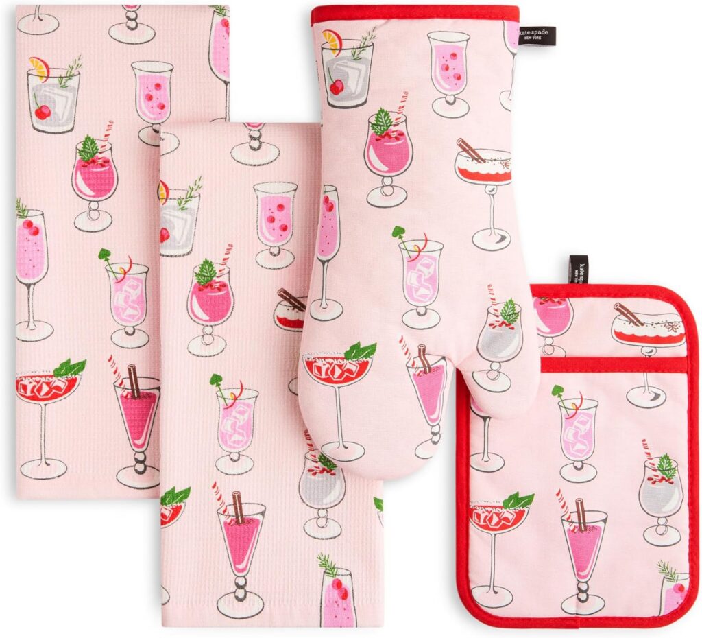 kate spade holiday cocktails kitchen towel oven mitt pot holder cotton pink red green set