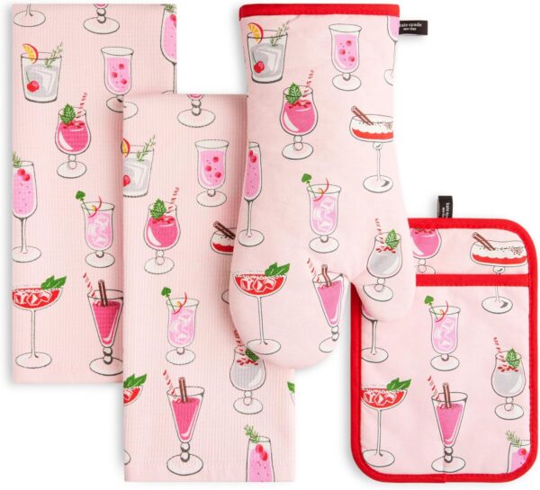 kate spade holiday cocktails kitchen towel oven mitt pot holder cotton pink red green set