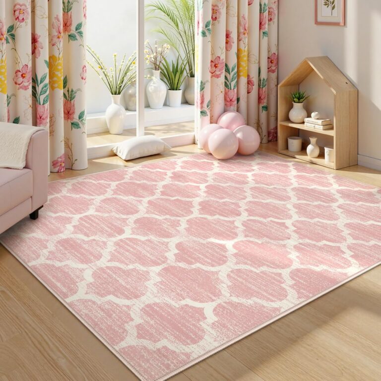 pink washable nursery area rug soft low pile boho bedroom playroom rug 5x7