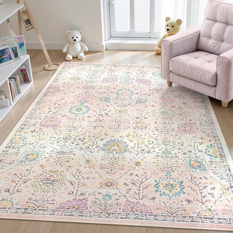 light pink boho floral area rug 5x7 washable faux wool non slip carpet