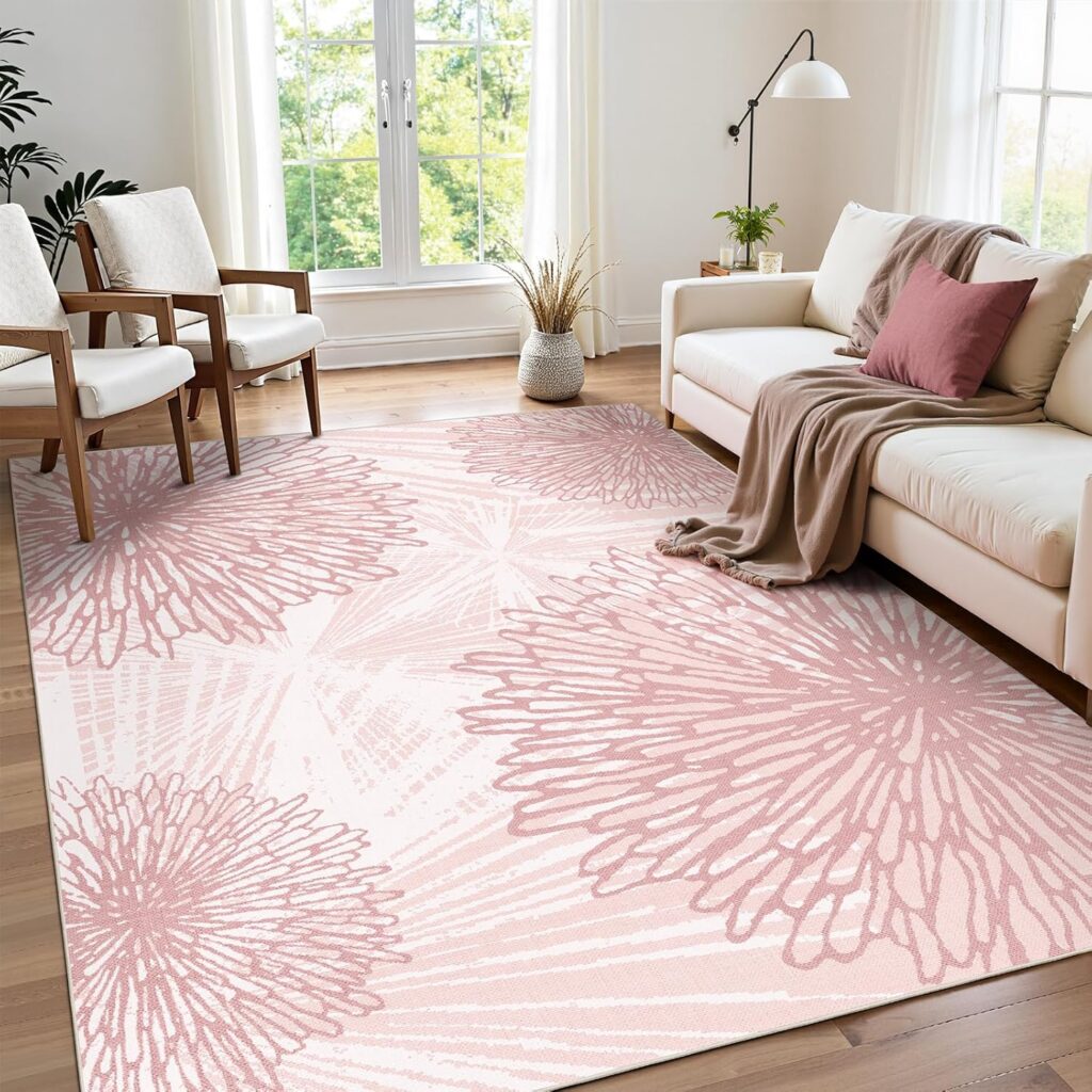 light pink boho floral washable rug 5x7 non slip soft area rug