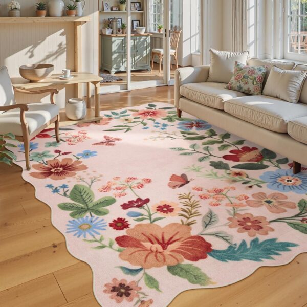 light pink boho floral washable rug 5x7 non slip ultra thin area rug