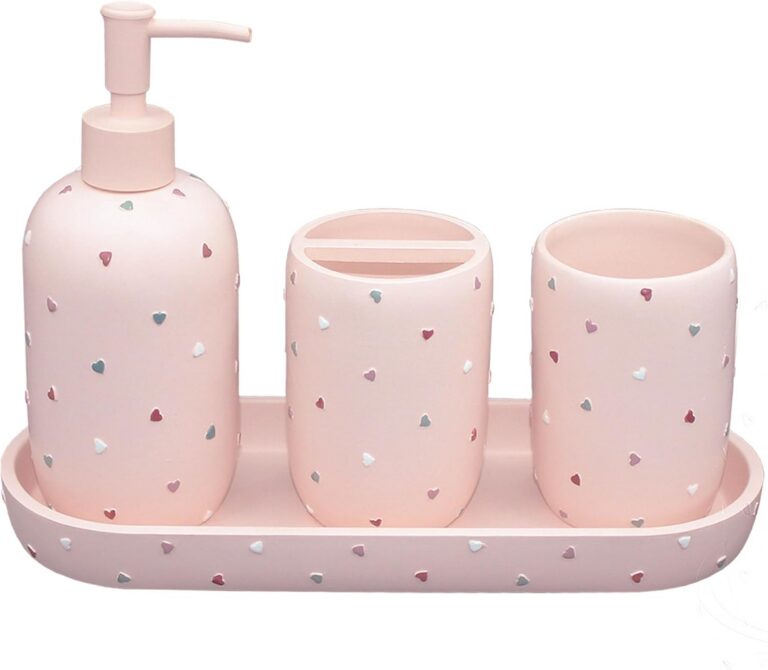 light pink heart bathroom accessories set 4 piece soap dispenser toothbrush holder tray tumbler