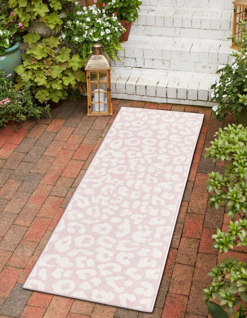 light pink leopard print runner rug 2x6 indoor outdoor polypropylene low pile carpet