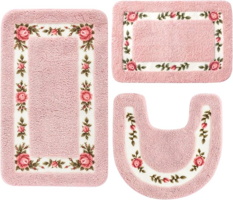 light pink rose flower bath rug set 3 piece non slip floral bathroom rugs