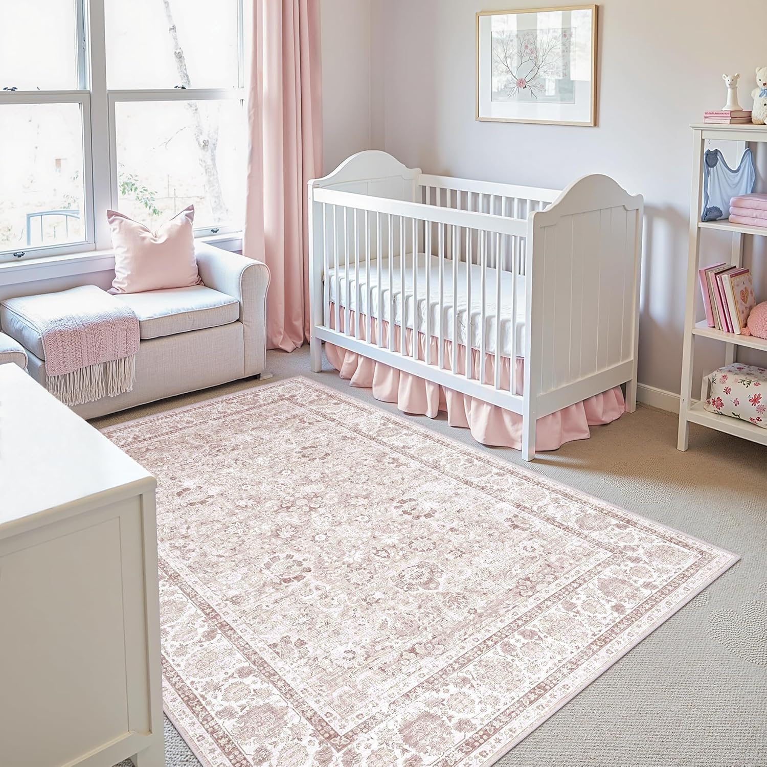 light-pink-vintage-floral-washable-rug-4x6 light pink vintage floral washable area rug soft faux wool non slip carpet