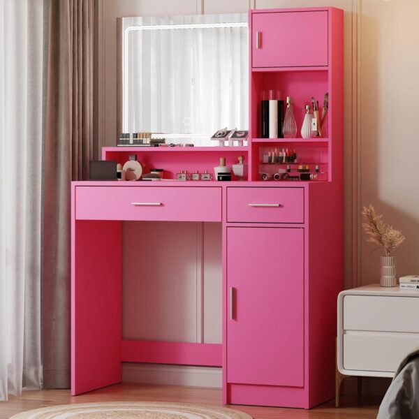 hot pink vanity desk with mirror LED lights storage drawers for bedroom makeup station