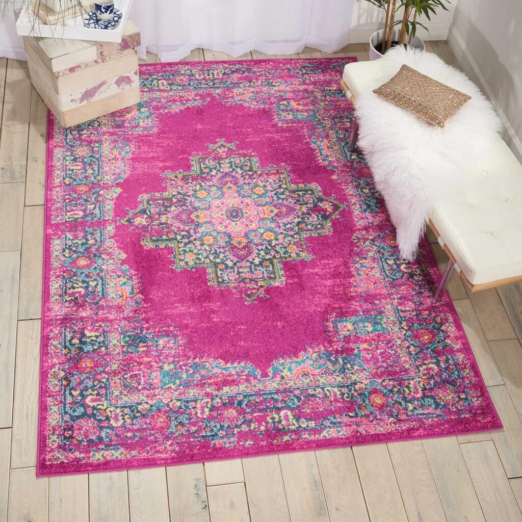 fuchsia geometric vintage area rug pink purple washable style living room bedroom rug