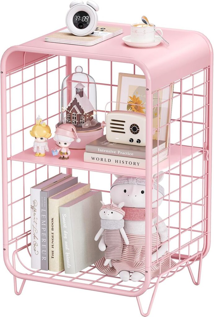 pink metal nightstand 3 tier side table with storage for bedroom dorm