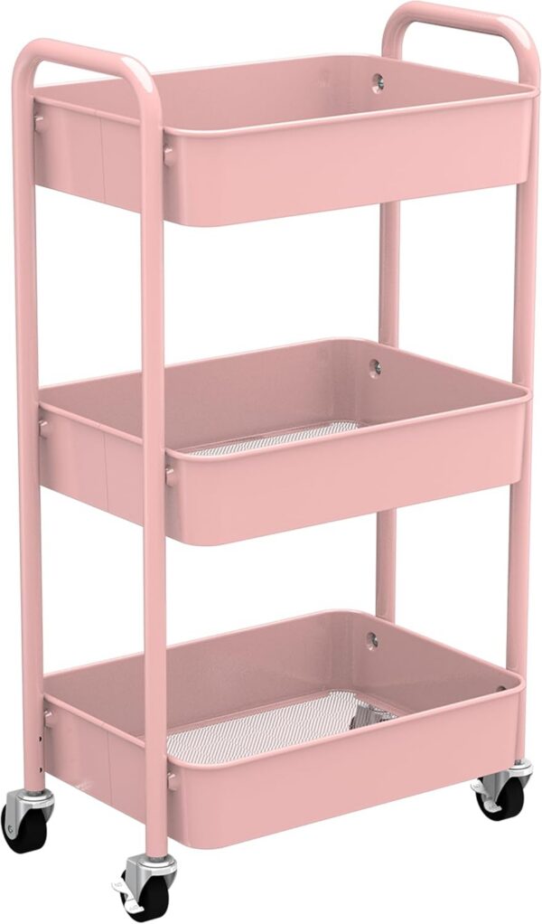 pink 3 tier rolling storage cart metal organizer with wheels
