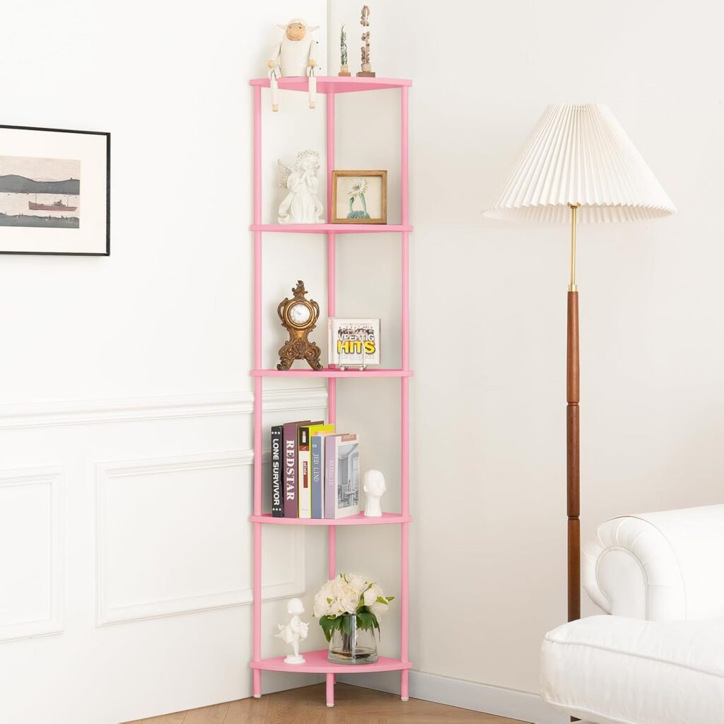 pink 5 tier corner shelf stand tall narrow bookshelf for bedroom living room