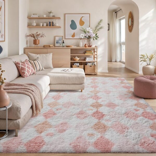 pink checkered shag area rug 8x10 fluffy soft microfiber carpet