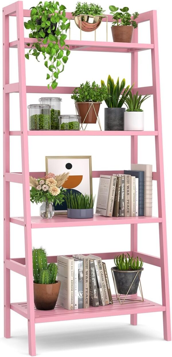 pink bamboo ladder bookshelf 4 tier freestanding storage shelf for bedroom living room