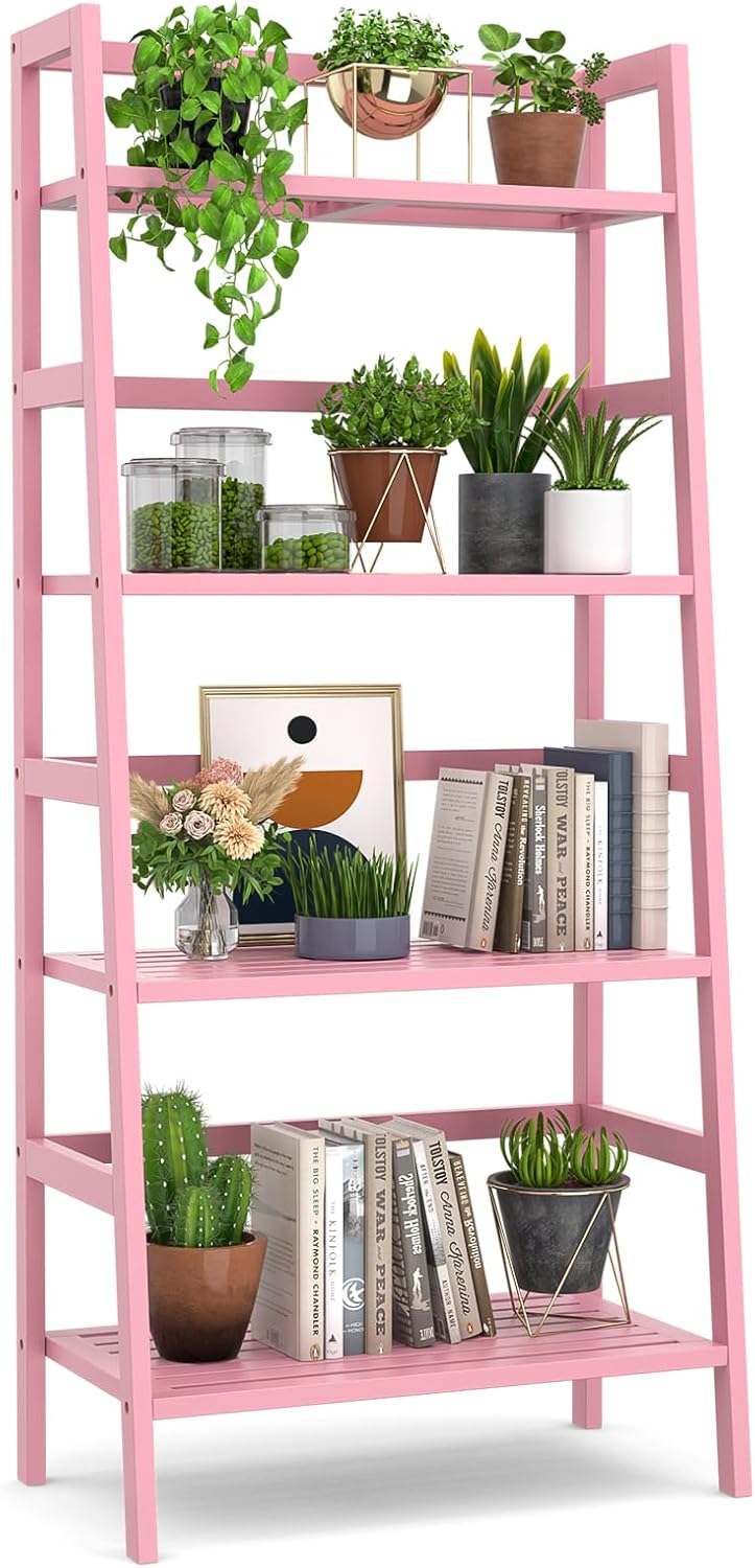 pink bamboo ladder bookshelf 4 tier freestanding storage shelf for bedroom living room