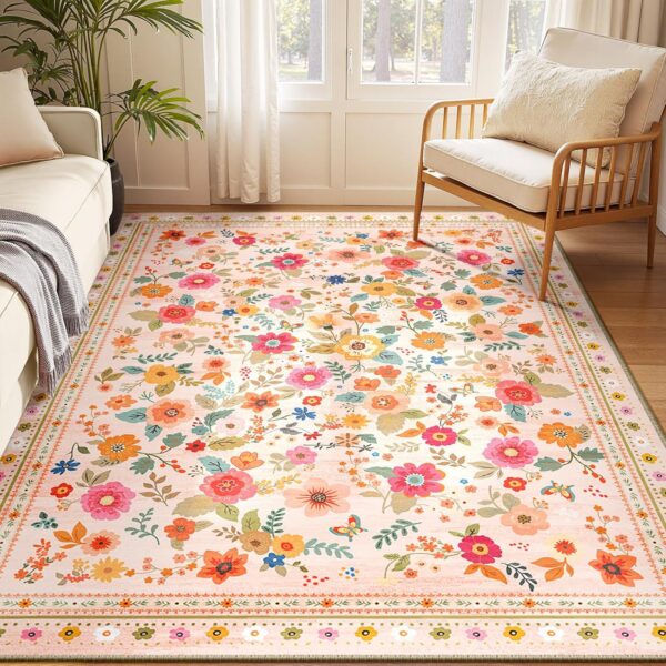 pink beige floral washable boho area rug for living room bedroom hallway entryway