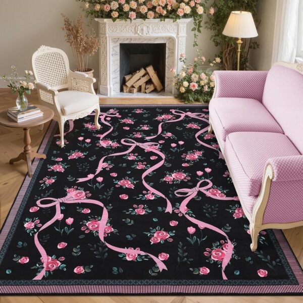 pink and black coquette bow rug 5x7 floral washable non slip area rug
