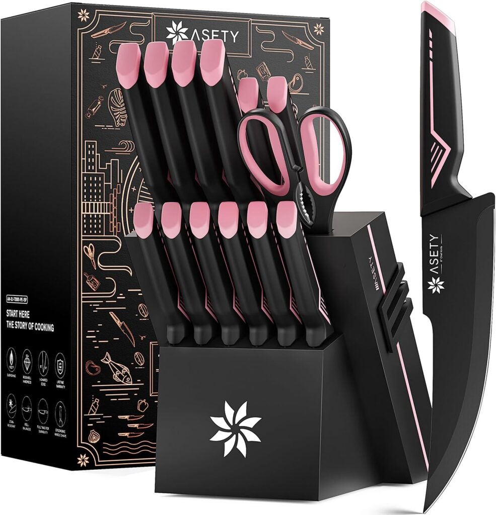 15 piece pink and black kitchen knife block set with built in sharpener
