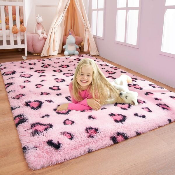 pink and black leopard print area rug faux fur soft plush bedroom rug
