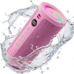 pink portable bluetooth speaker 20w waterproof rgb lights bass speaker