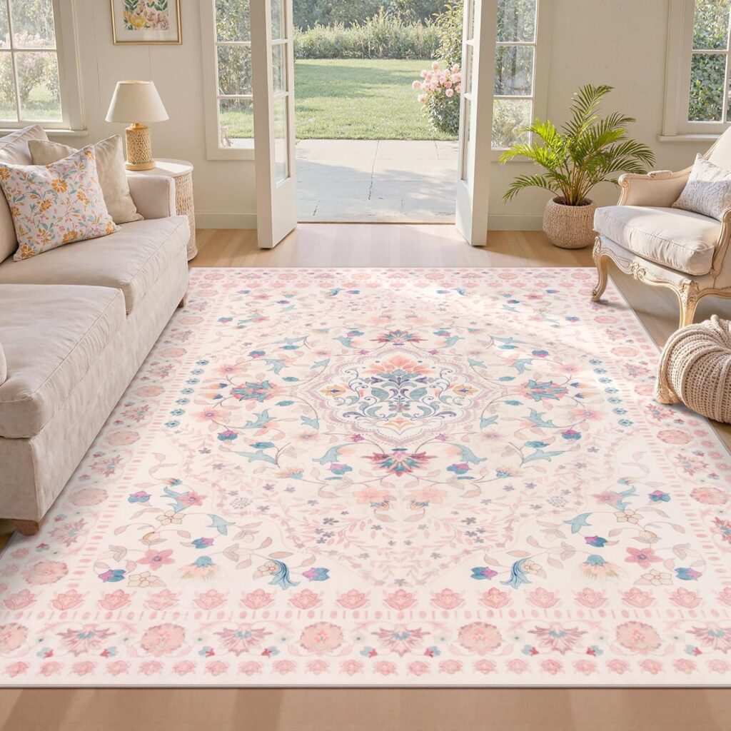 pink and blue boho floral 8x10 washable area rug soft non slip low pile