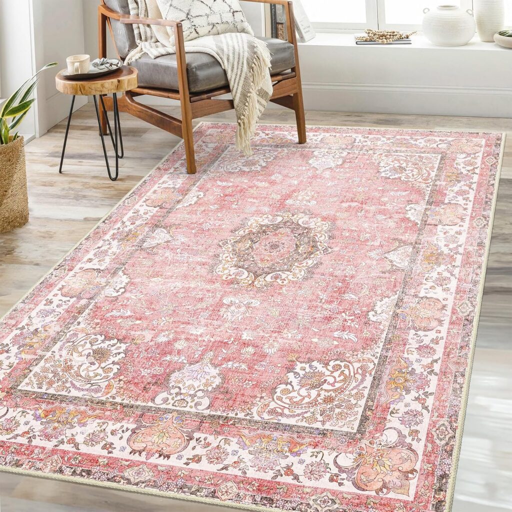 pink boho floral rug 3x5 washable non slip vintage distressed