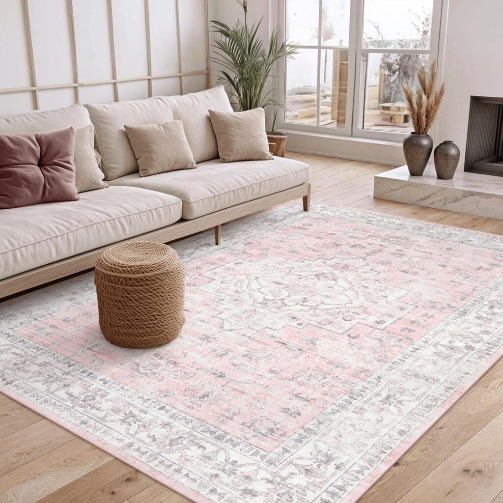pink boho oriental area rug 5x7 washable low pile non slip carpet