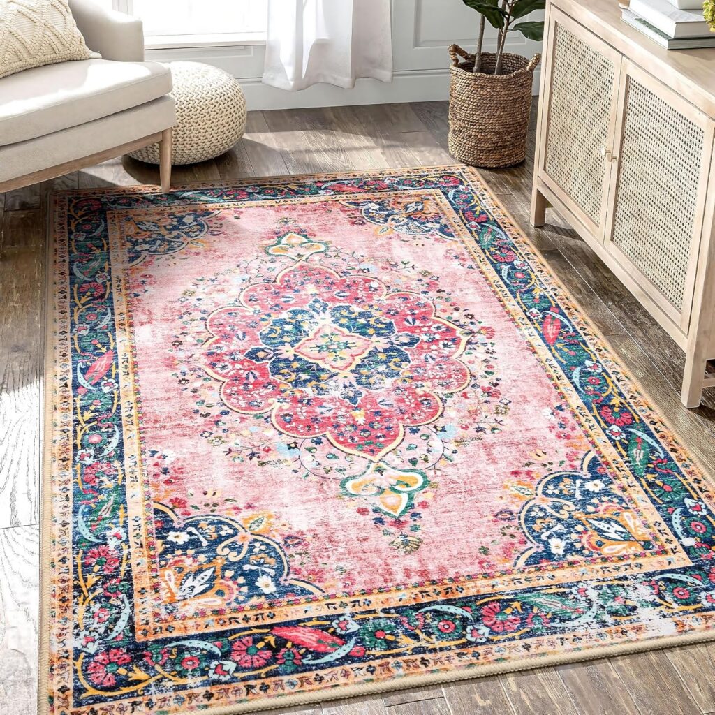 pink boho 3x5 washable vintage floral area rug non slip low pile