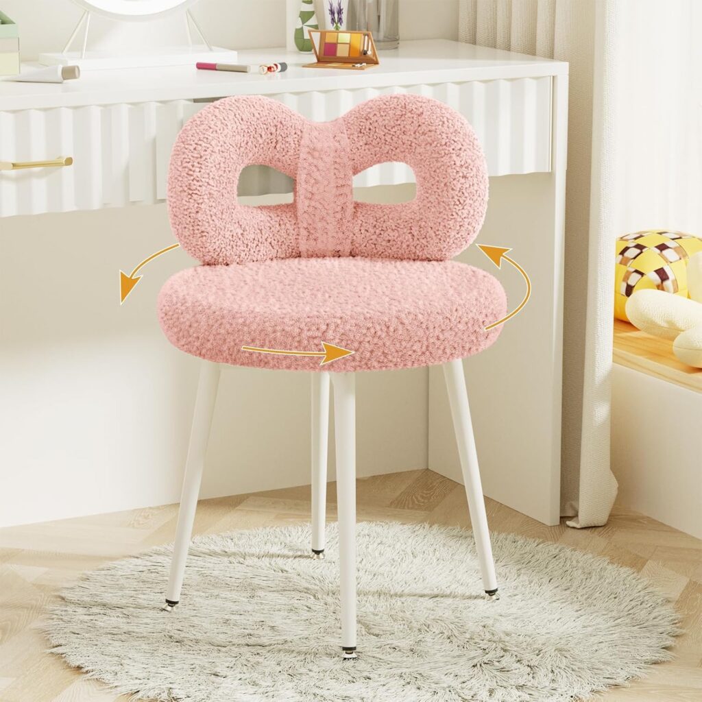 pink bow back swivel vanity chair upholstered armless makeup desk chair for bedroom