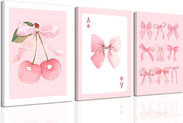 pink bow canvas wall art set cherry prints preppy aesthetic framed 12x16