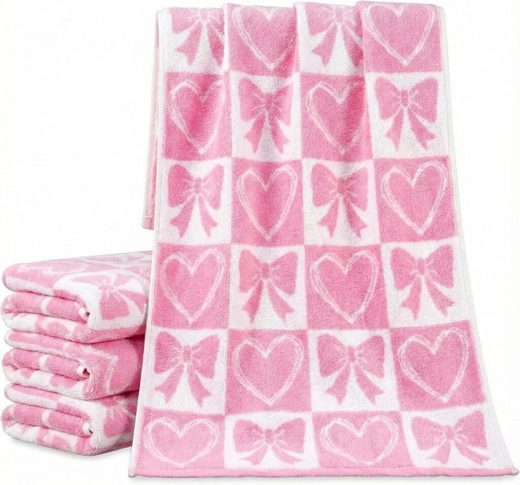 Pink heart bow hand towels coquette cotton 4 pack bathroom kitchen decorative towels