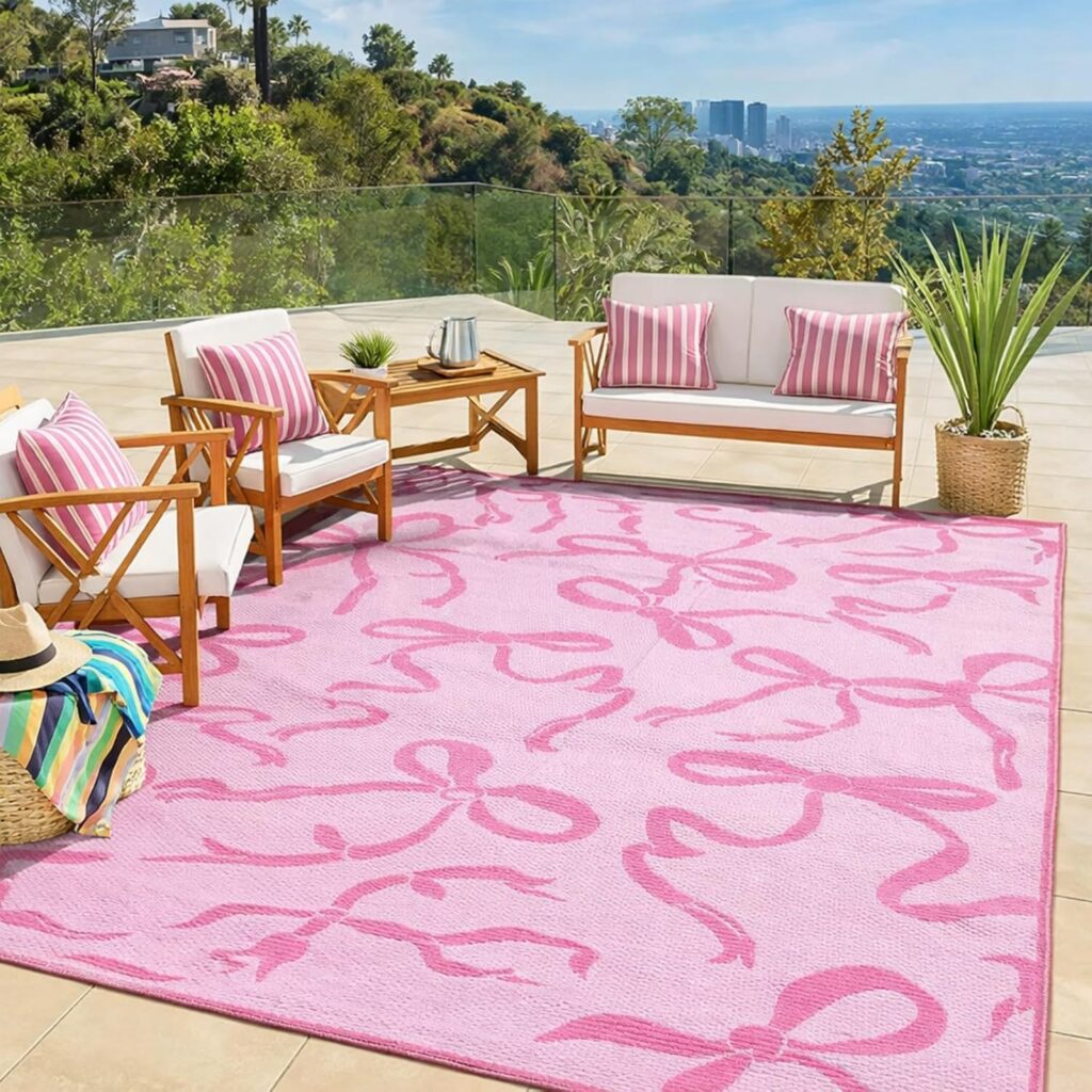 pink bow outdoor rug 8x10 waterproof reversible plastic straw patio carpet