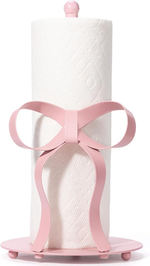 pink bow countertop paper towel holder with weighted base coquette kitchen decor