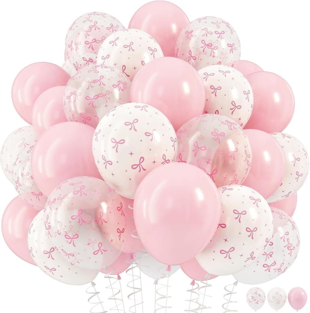 pink bow balloons pastel coquette party balloons set transparent white bow print