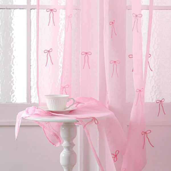 pink bow sheer curtains embroidered voile tulle 84 inch rod pocket panels