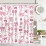pink bow shower curtain waterproof polyester 72x72 aesthetic bathroom decor