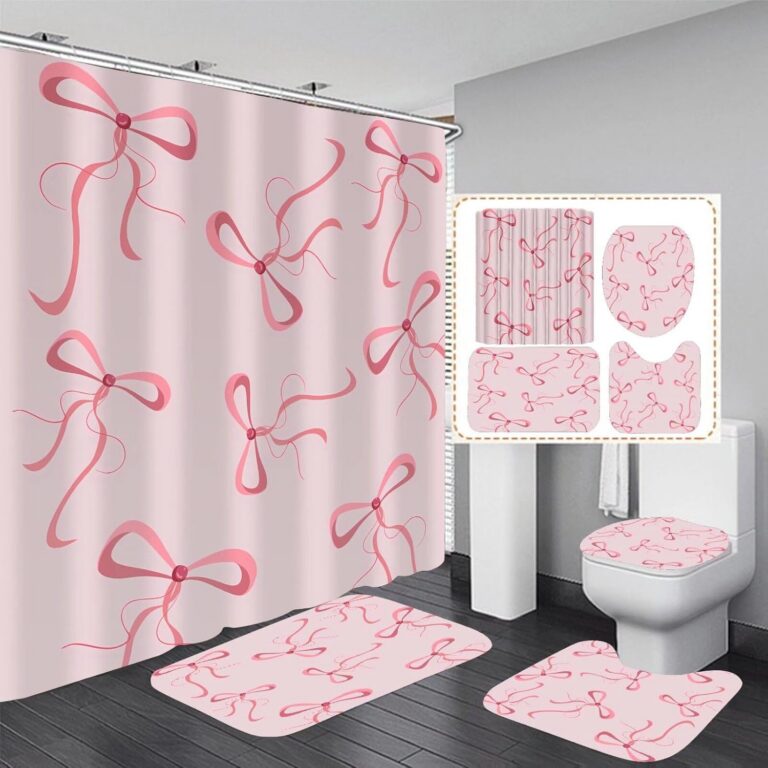 pink bow shower curtain bath mat set 4 piece bathroom set curtain rug mat hooks