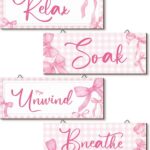 pink bow wall decor wood sign set relax soak unwind breathe bathroom aesthetic