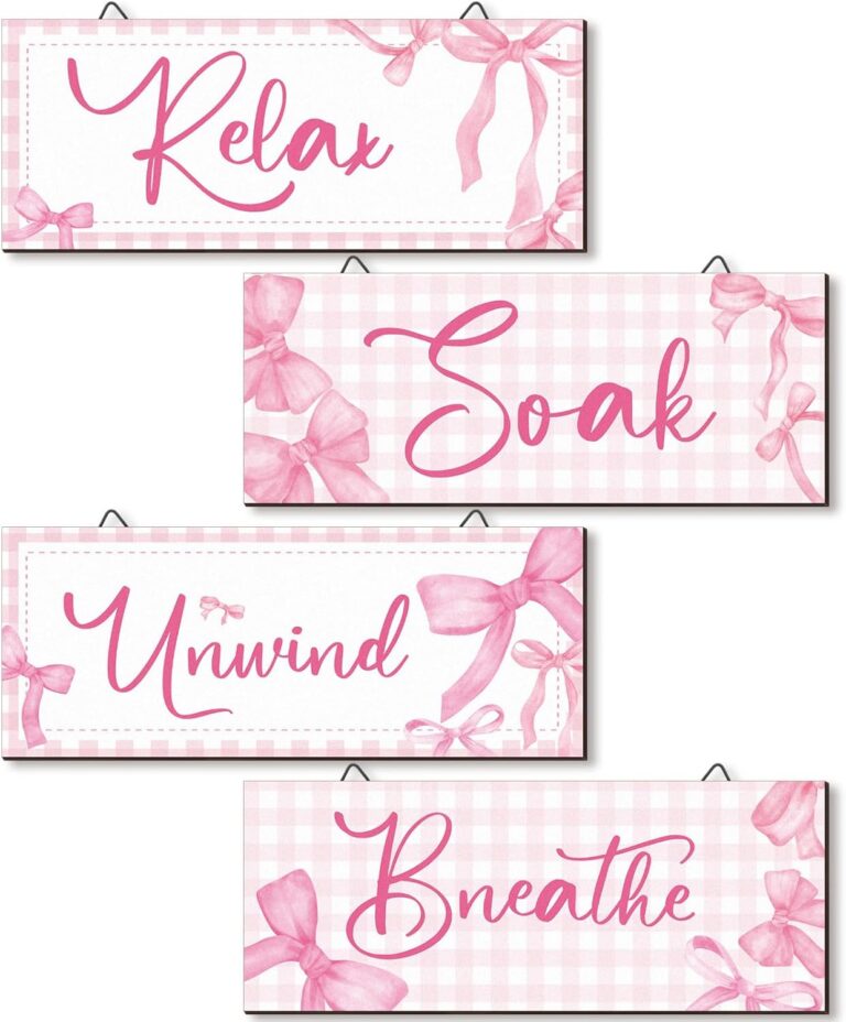 pink bow wall decor wood sign set relax soak unwind breathe bathroom aesthetic