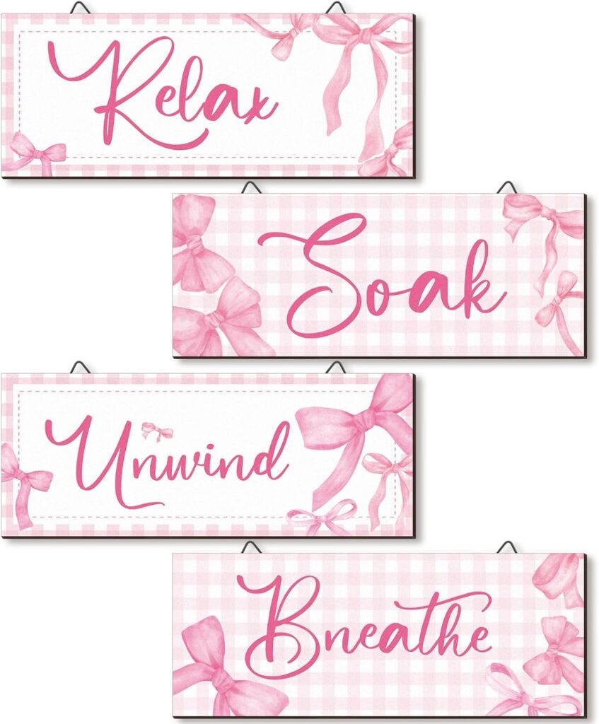 pink bow wall decor wood sign set relax soak unwind breathe bathroom aesthetic