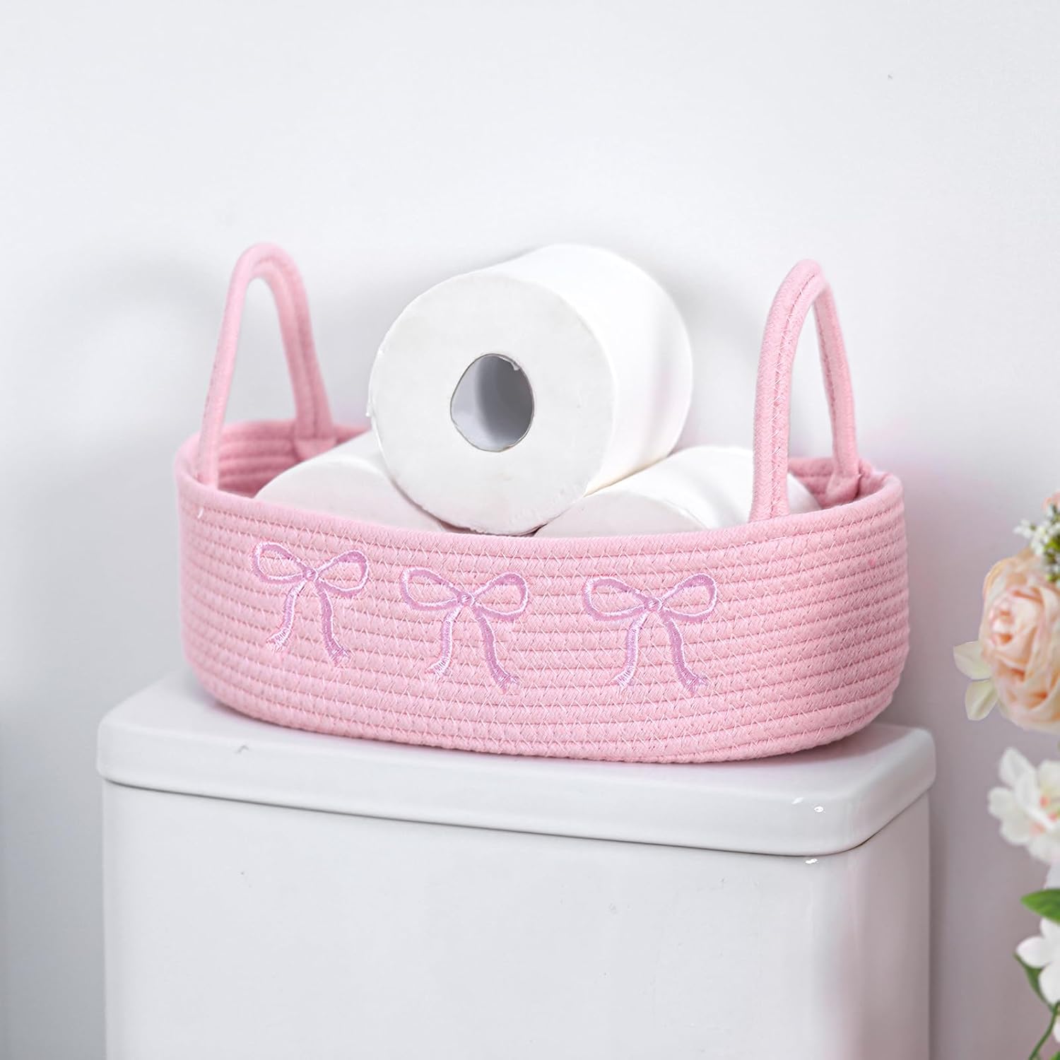 pink-bow-woven-storage-basket-cotton-rope pink bow woven storage basket cotton rope bathroom organizer small