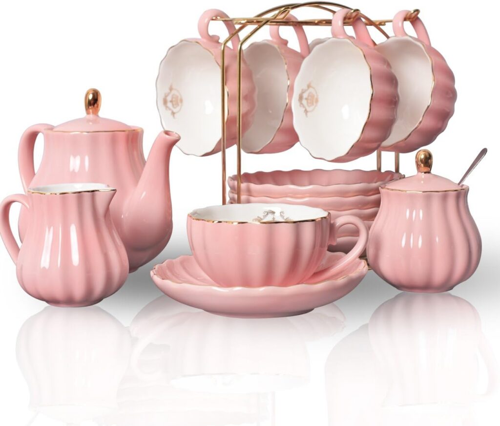 pink british royal porcelain tea set with gold trim teapot cups saucers sugar bowl cream pitcher