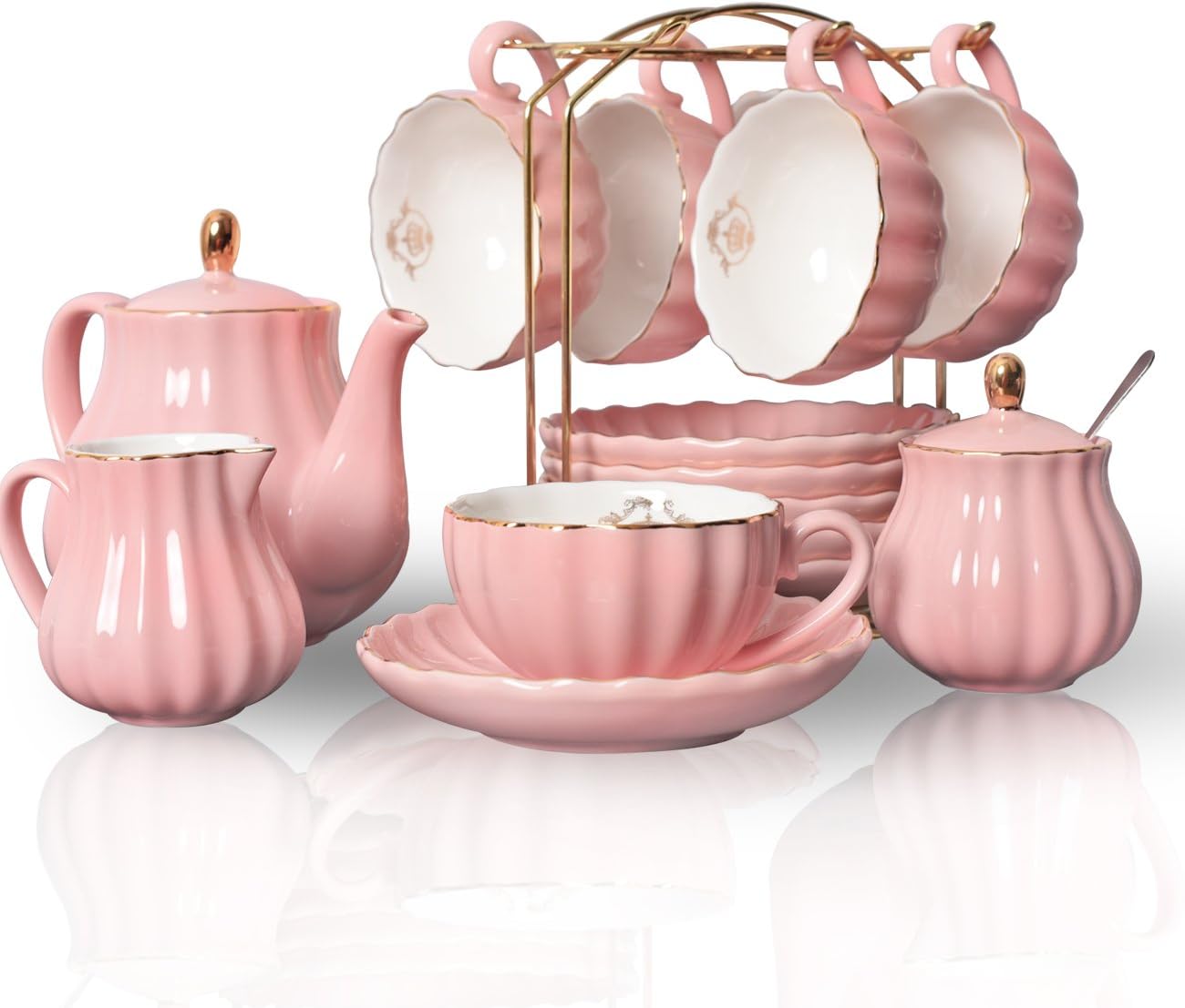 pink-british-royal-porcelain-tea-set-gold-trim pink british royal porcelain tea set with gold trim teapot cups saucers sugar bowl cream pitcher